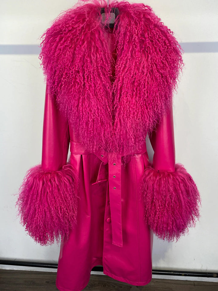 Fluffy Faux Fur Genuine Leather Coat in Pink