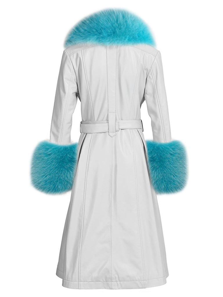 Faux Fur Genuine Leather Coat in White & Blue