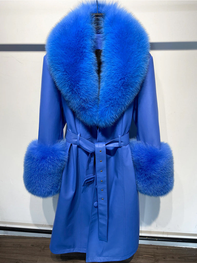 Faux Fur Genuine Leather Coat in Blue – ZCRAVE