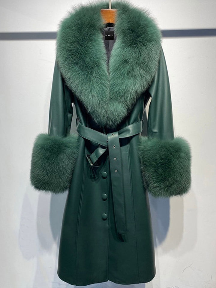 Faux Fur Genuine Leather Coat In Deep Green