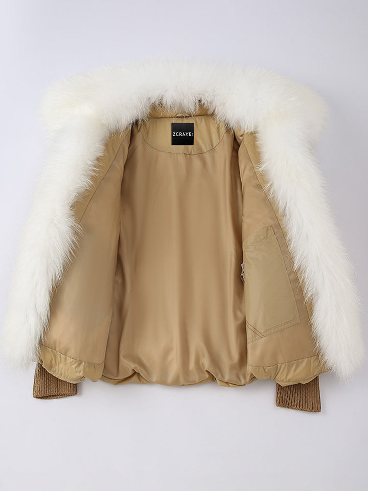 Fur Trim Puffer Jacket in Tan & White