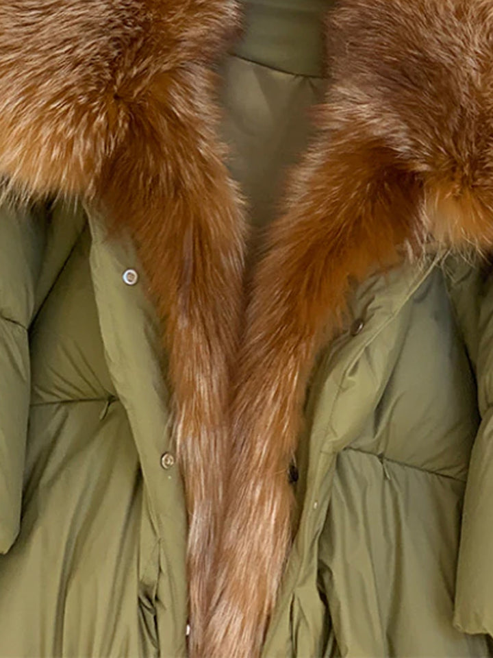 Fur Trim Puffer Jacket in Khaki & Brown