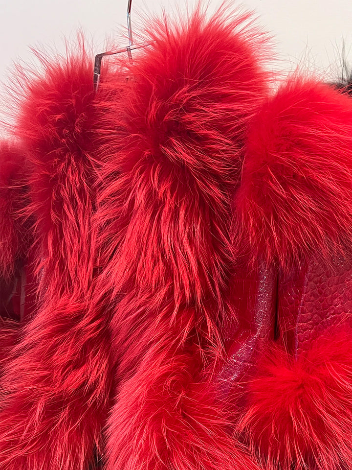 LITALY Fur Trim Leather Jacket in Red