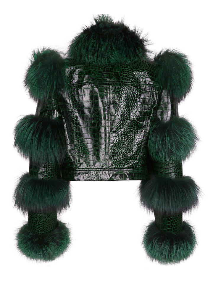 LITALY Fur & Leather Jacket in Dark Green