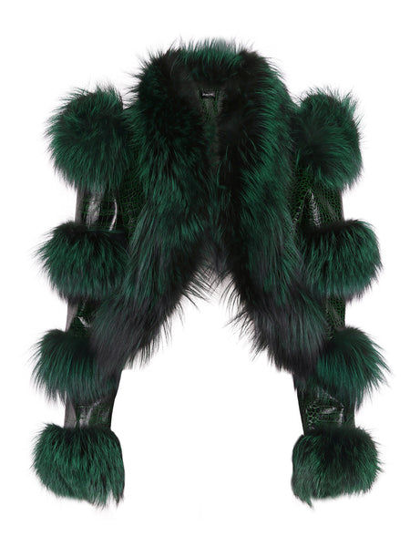 LITALY Fur Trim Leather Jacket in Dark Green