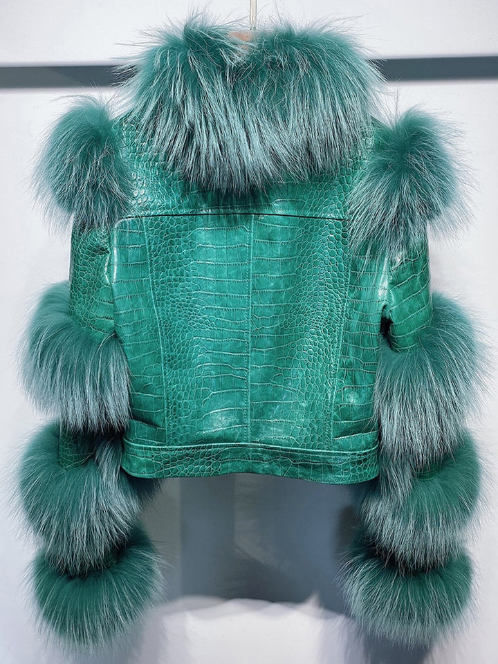 LITALY Fur Trim Leather Jacket in Green