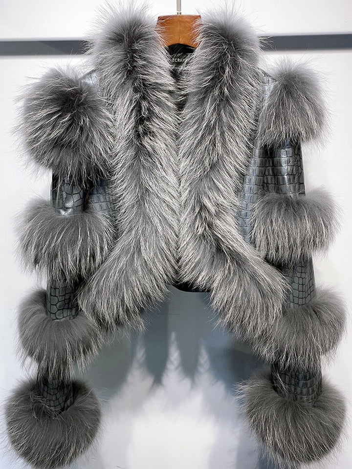 LITALY Fur Trim Leather Jacket in Gray
