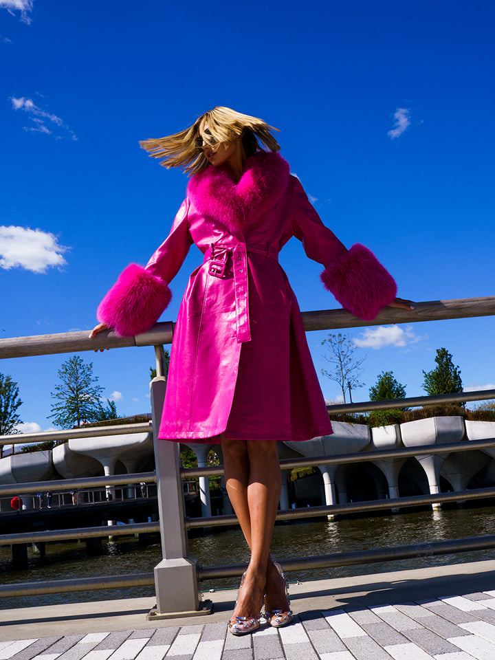 Faux Fur Genuine Leather Coat in Pink