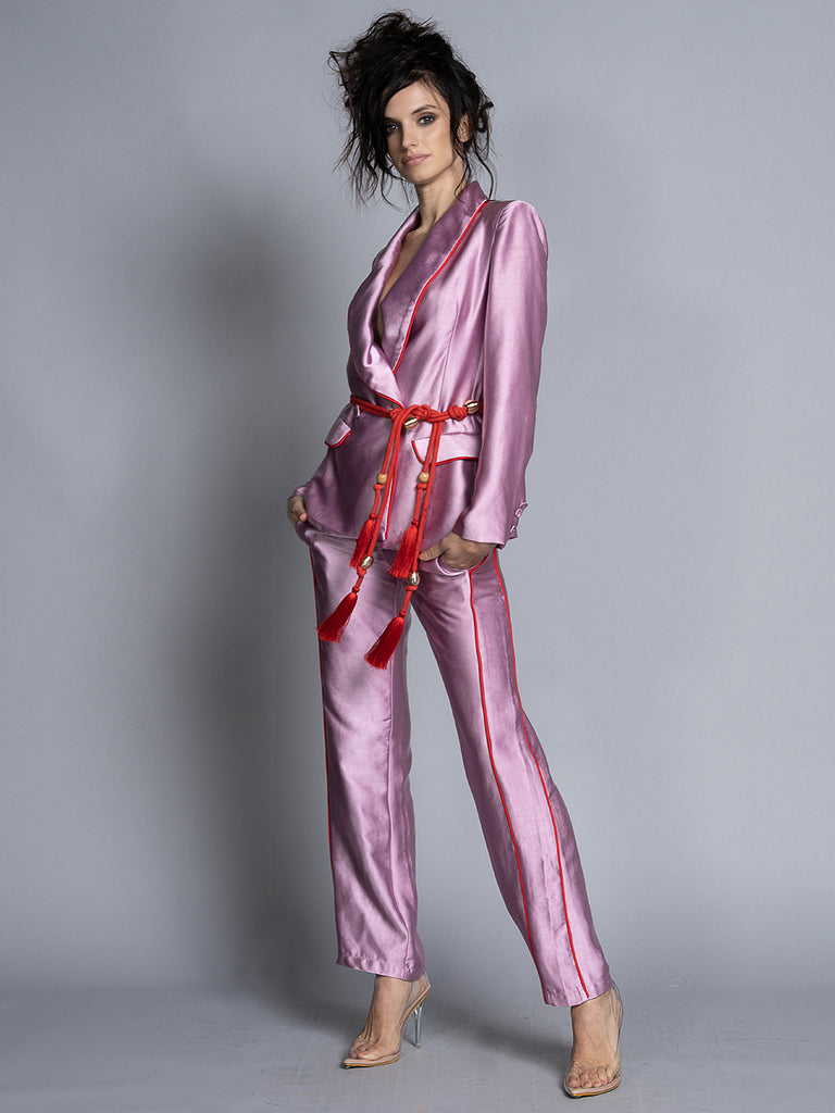 Tasseled Satin Blazer + Pants (Two-Piece Set) in Pink – ZCRAVE