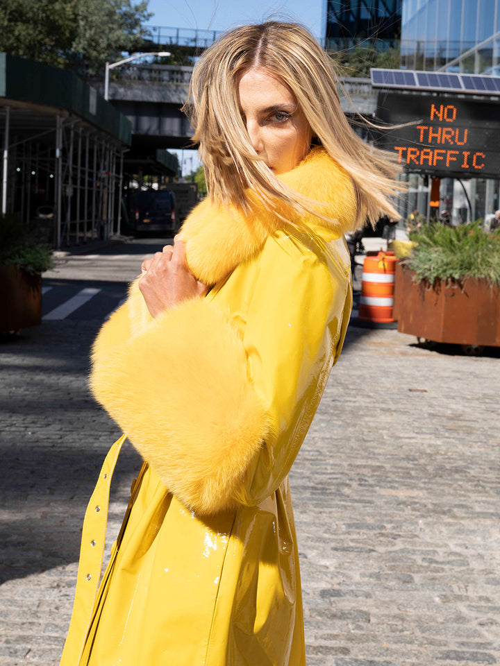 Faux Fur Genuine Patent Leather Coat in Yellow