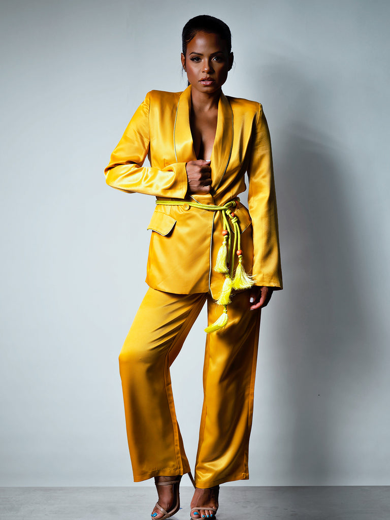 DALIDA Double-breasted Satin Blazer + Pants Matching Set in Gold
