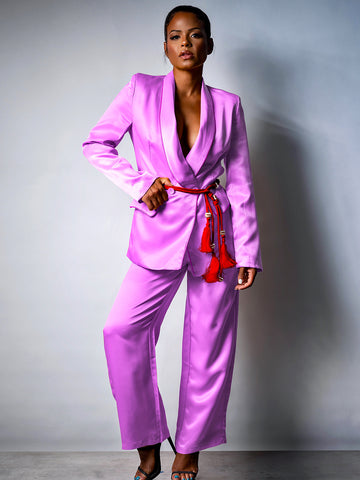DALIDA Double-breasted Satin Blazer + Pants Matching Set in Pink