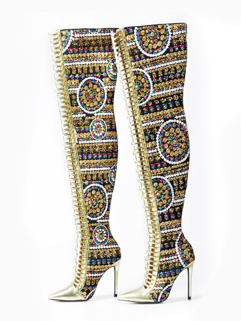 Gold Beaded Pointed Toe High Knee Heel Boots – ZCRAVE