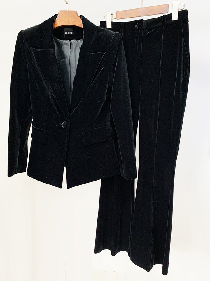 HINIYA Velvet Blazer & Flared Pants Set in Black