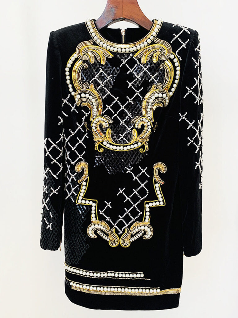 ORENE Pearls Beaded Velvet Mini Dress in Black