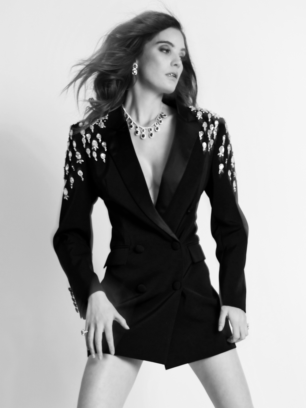 MESSA Beaded Cady Mini Blazer Dress in Black