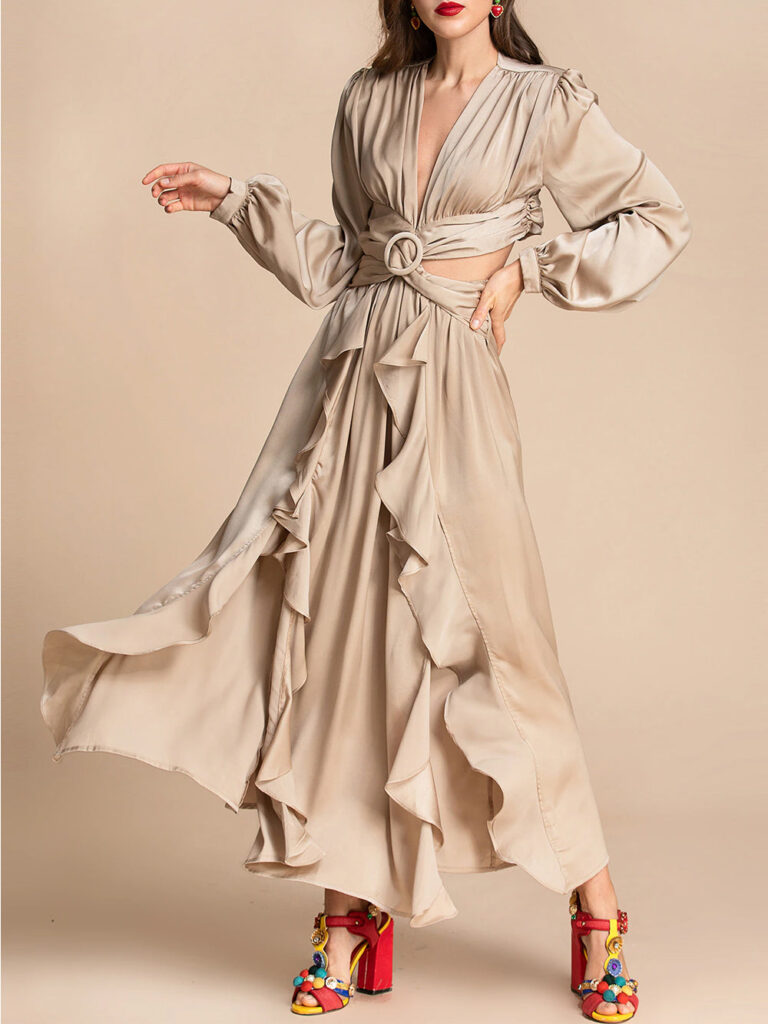 BERTA Cut Out Ruffles Maxi Dress