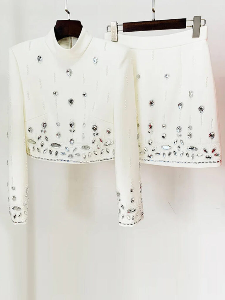 MATEA Beaded Cady Turtleneck Top & Mini Skirt in White