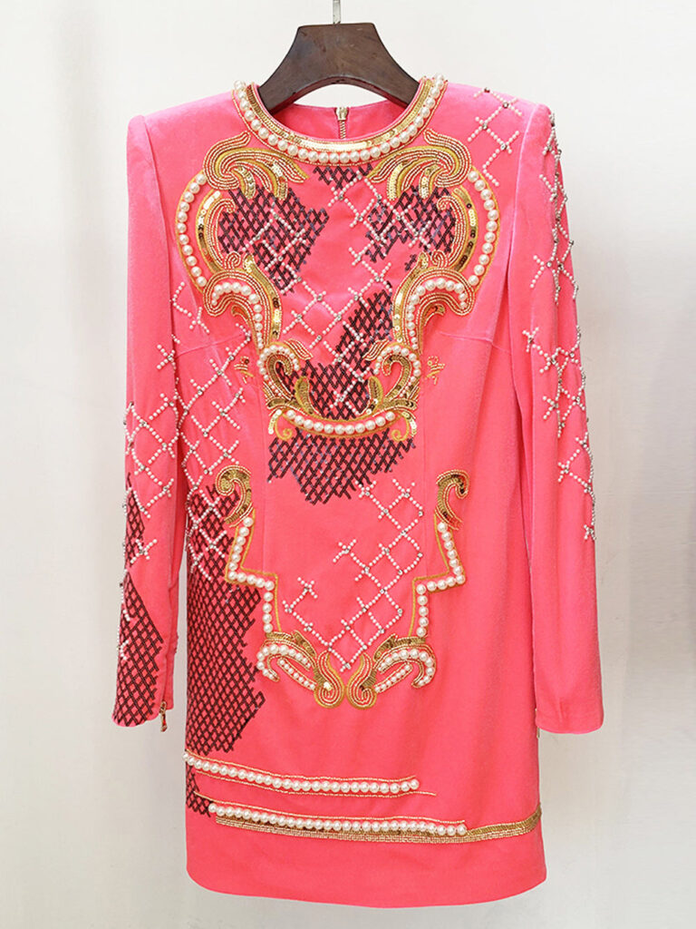 ORENE Pearls Beaded Velvet Mini Dress in Pink
