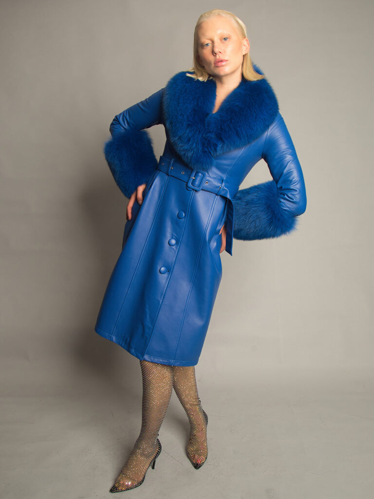 Foxy Leather Coat w/ Fox Fur In Blue