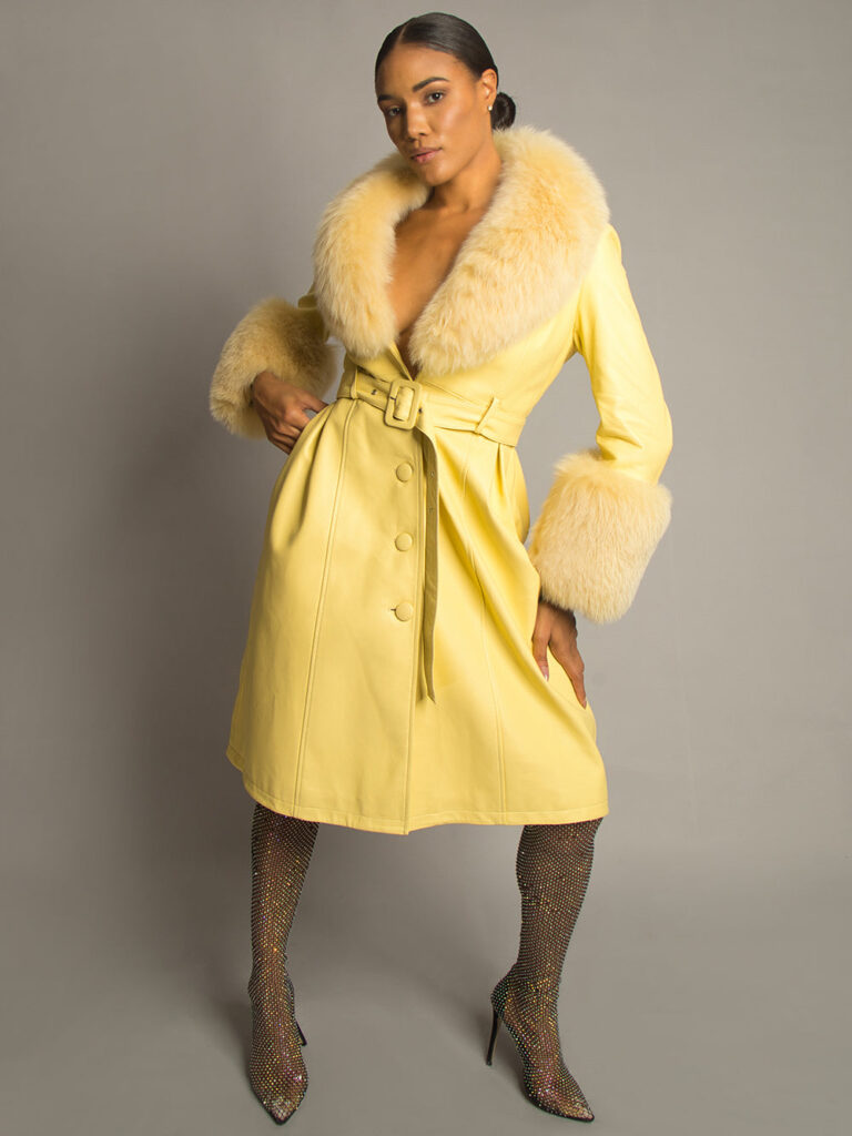 Foxy Leather Coat w/ Fox Fur In Yellow
