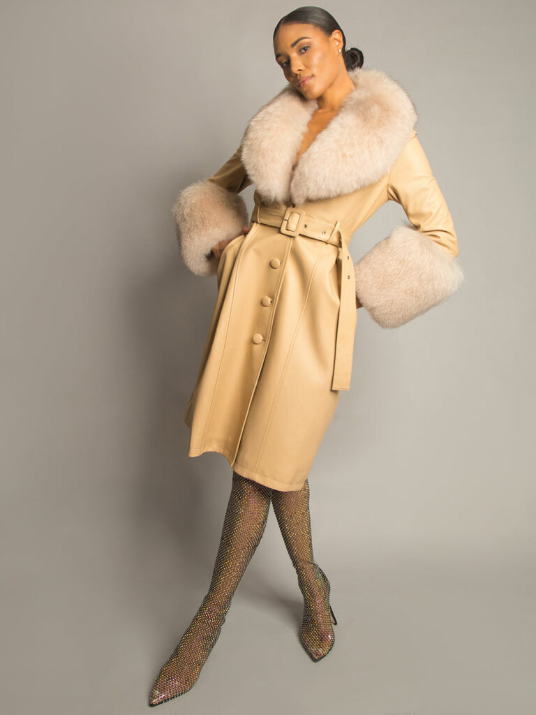 Foxy Leather Coat w/ Fox Fur In Tan