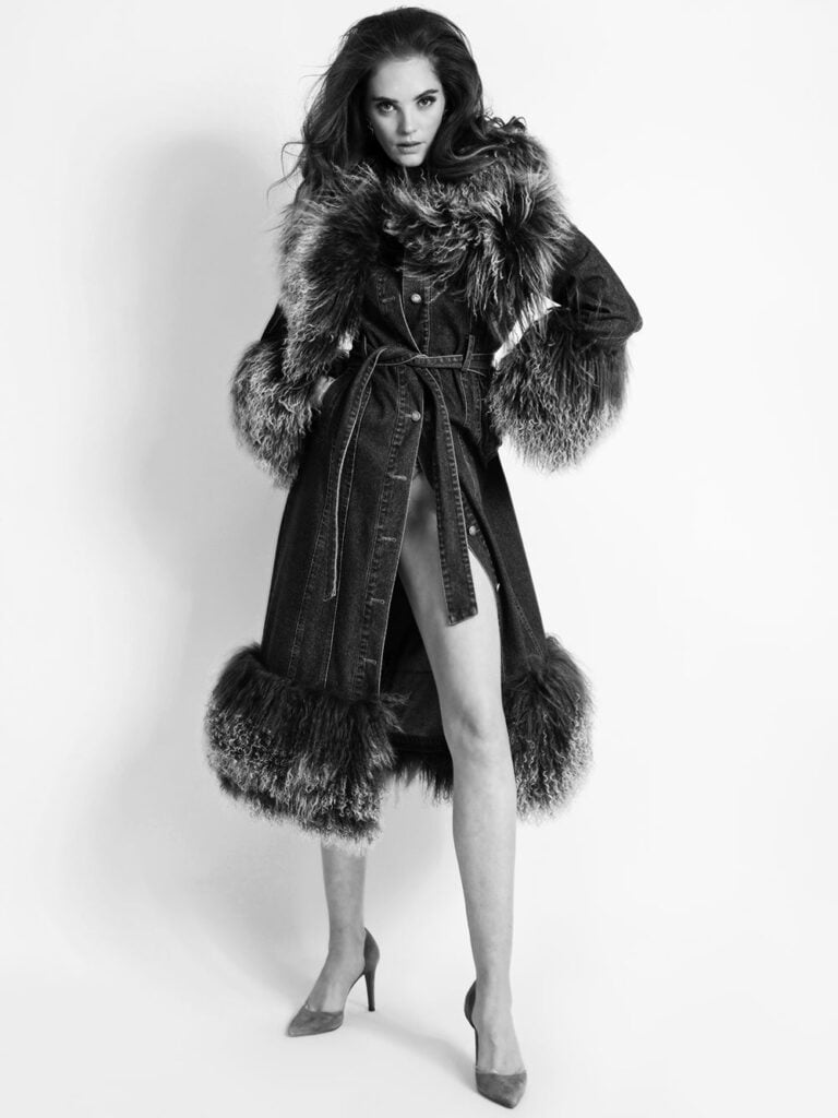 MEDUSA Denim Coat w/ Shearling Fur in Black Left Image