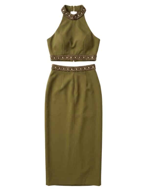 FLESSE Beaded Halter Top Maxi Skirt Set