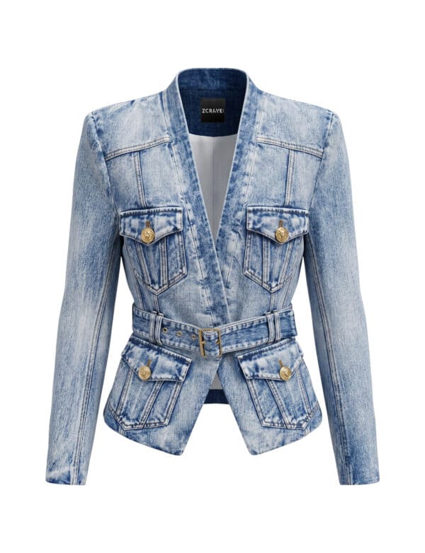 GAVELLE Denim Multi-Pocket Belted Blazer