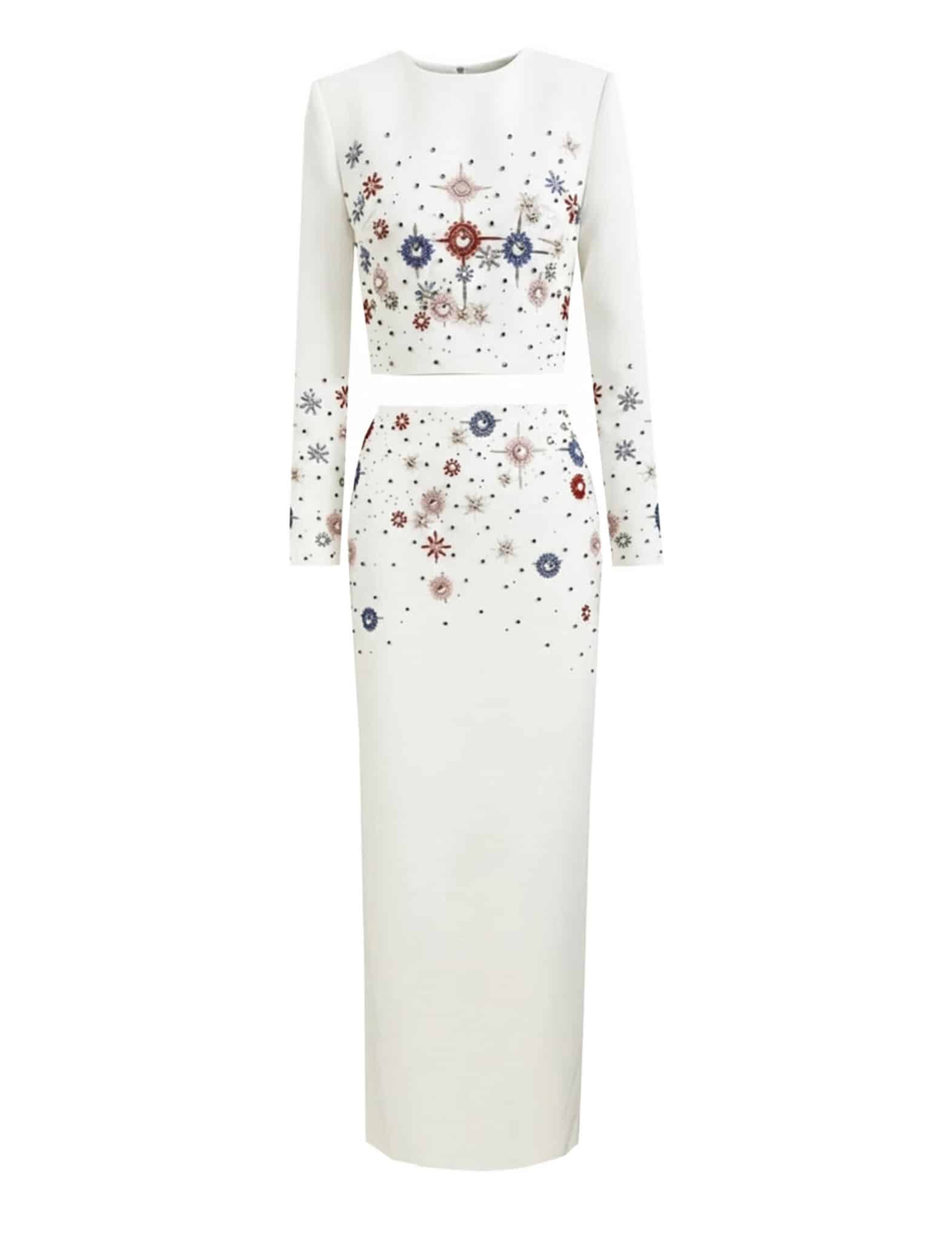 KARELLE Embellished Crystal Crop Top & Maxi Skirt Set - White, S