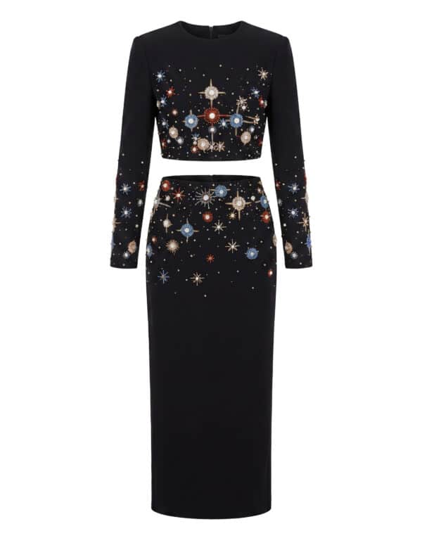 KARELLE Embellished Crystal Crop Top & Maxi Skirt Set