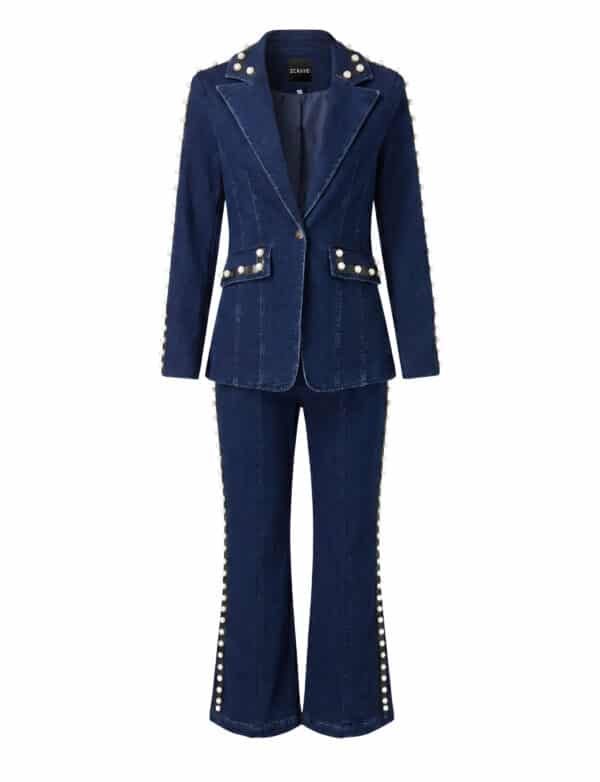 NORISSE Denim Pearl Trim Blazer & Pants Set