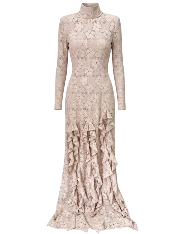 POVINE Lace Turtleneck Maxi Dress with Cascading Ruffles
